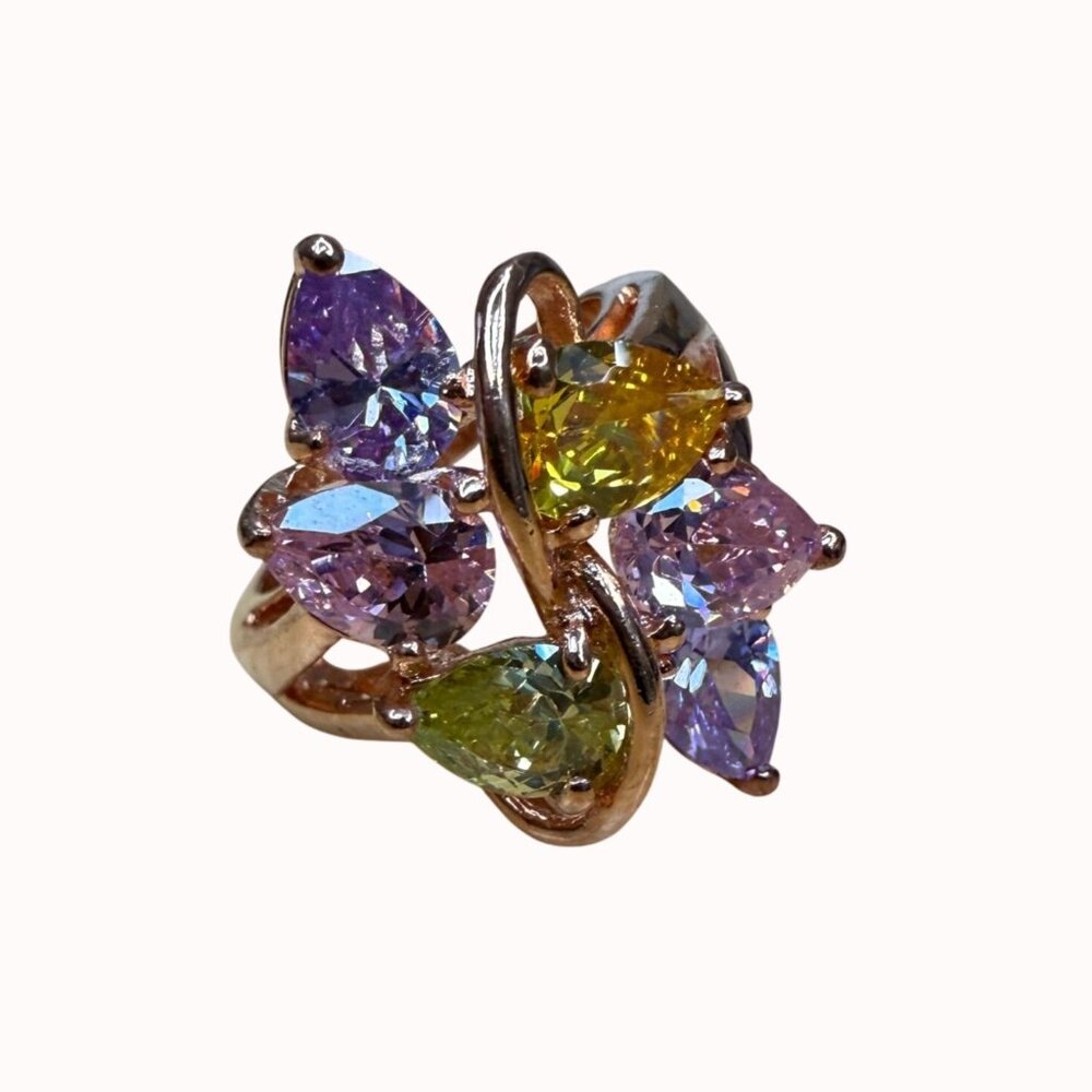 Ring Multicolor Cluster Cocktail Rose Gold, Statement, Marked, Size‎ 6 Floral